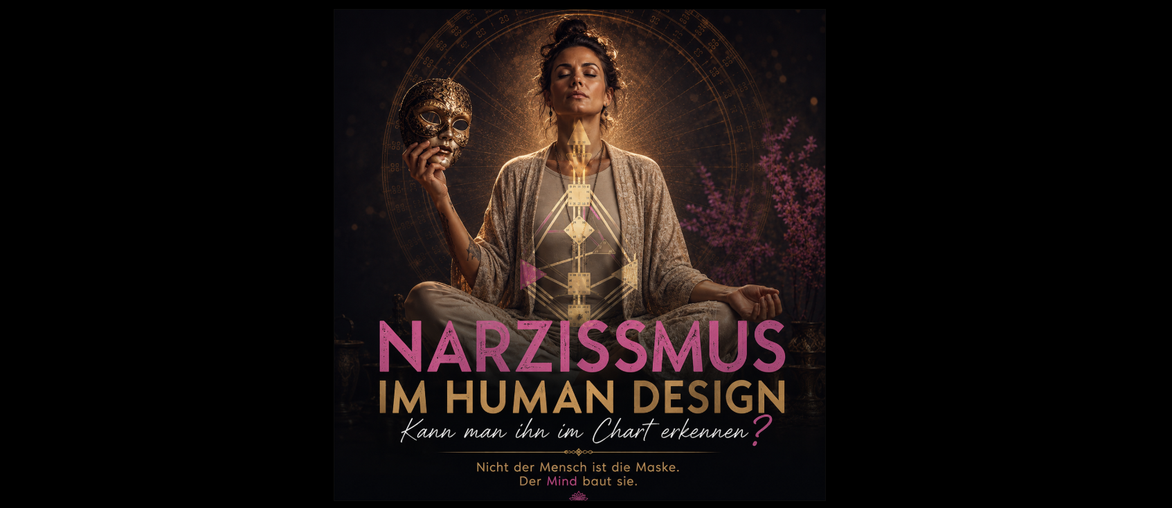 Frau in Meditation hält goldene Maske vor Human Design Bodygraph, Symbolbild zum Artikel Narzissmus im Human Design Chart erkennen