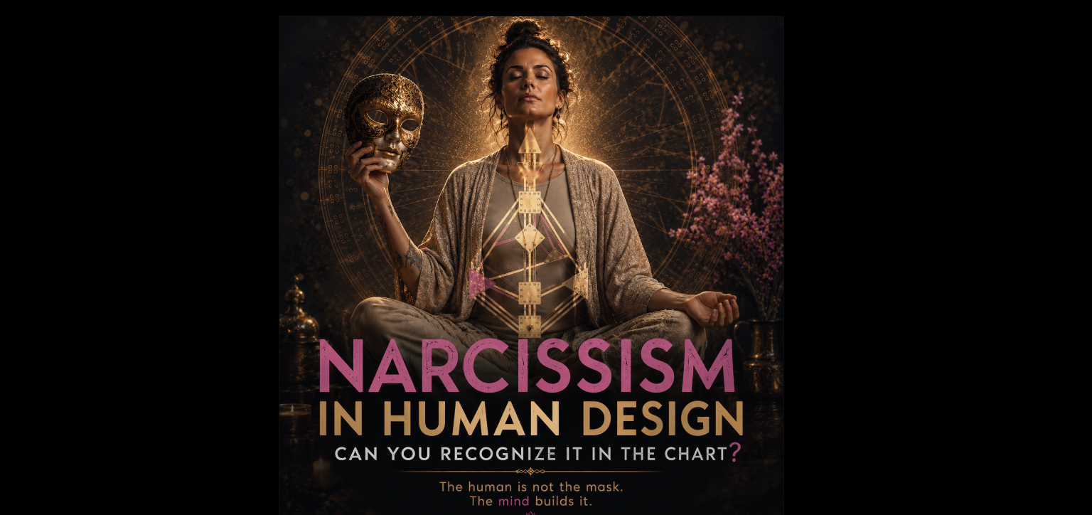 Woman in meditation holding golden mask in front of Human Design bodygraph, cover image for the article on recognizing narcissism in a Human Design chart